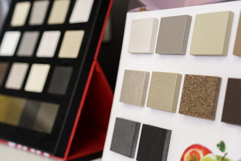 Display with decorative stone countertop samples